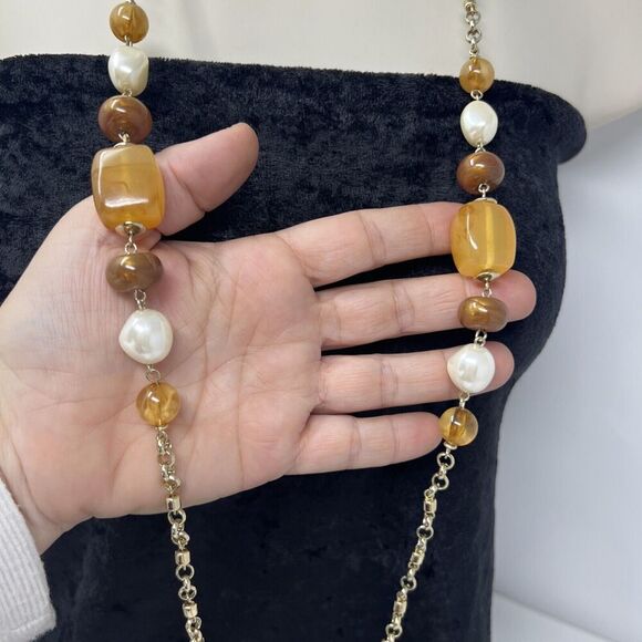 Chico's Single Necklace Amber Color Acrylic Pearl Brown On Gold Tone Longline - Picture 4 of 7